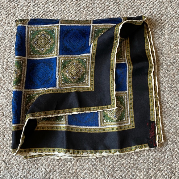 Vintage Renoir Silk Pocket Square Black Blue Gold - Picture 1 of 3